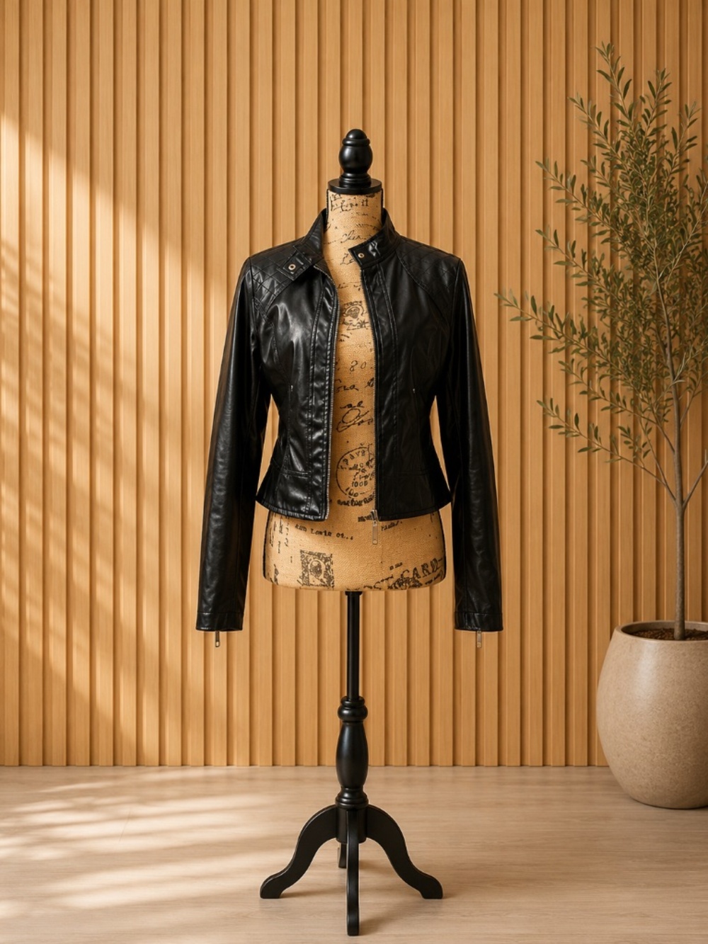 Black Moto Faux Leather Jacket | Quilted Shoulders | Women's Medium